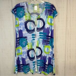 Womens Sheer Tunic Top Size L Short Cap Sleeve Scoop Neck Artsy Mesh Multicolor